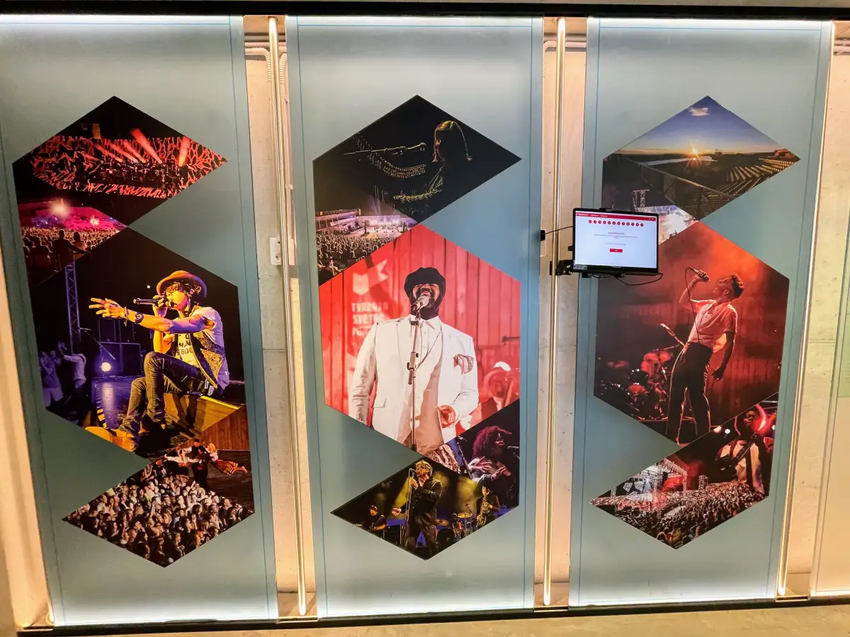 Collage of dynamic concert images featuring musicians and crowds on diamond-shaped panels, with a rich array of colors and stage lighting, showcasing the vibrancy of live music events.